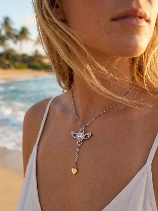 Jewelry - 5/$15 🩷 MUST BUNDLE Silver Tone Pink Heart Wing Rhinestone Drop Necklace